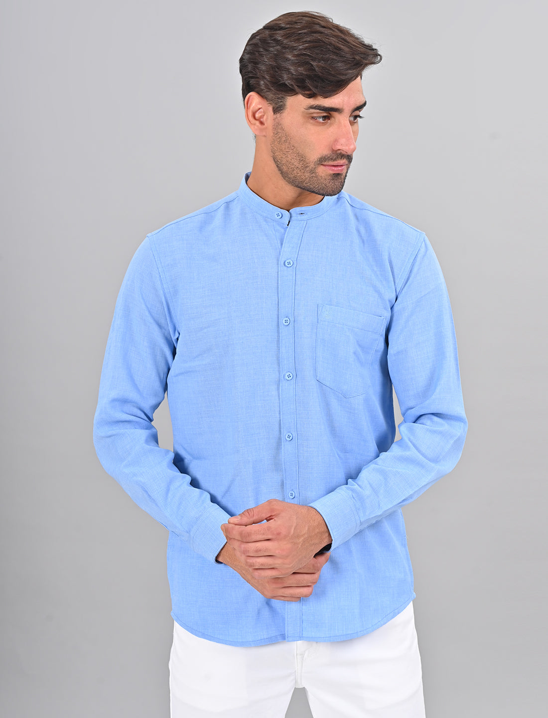 Stylofy Men Slim Fit Cotton Linen Long Sleeve Shirt Light Blue (TOM)