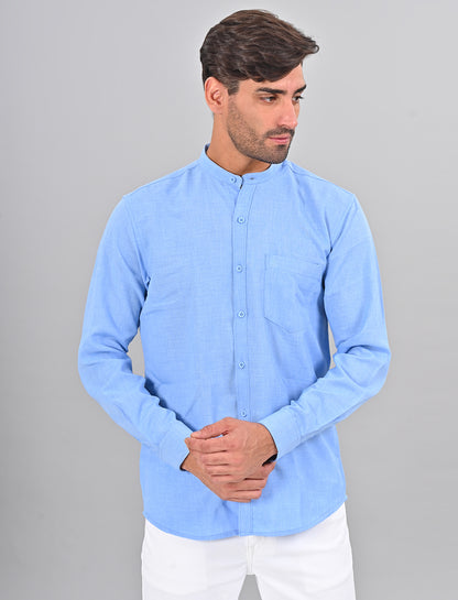 Stylofy Men Slim Fit Cotton Linen Long Sleeve Shirt Light Blue (TOM)