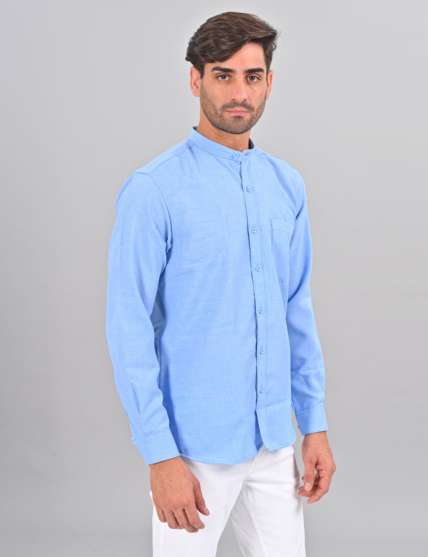 Stylofy Men Slim Fit Cotton Linen Long Sleeve Shirt Light Blue (TOM)