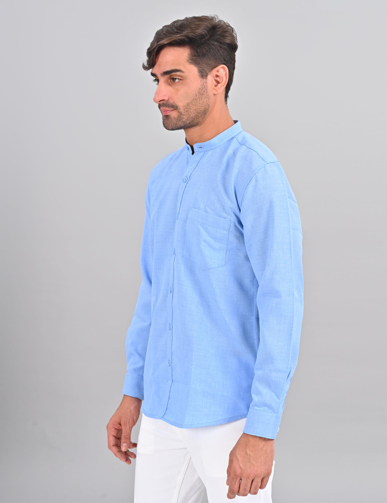 Stylofy Men Slim Fit Cotton Linen Long Sleeve Shirt Light Blue (TOM)