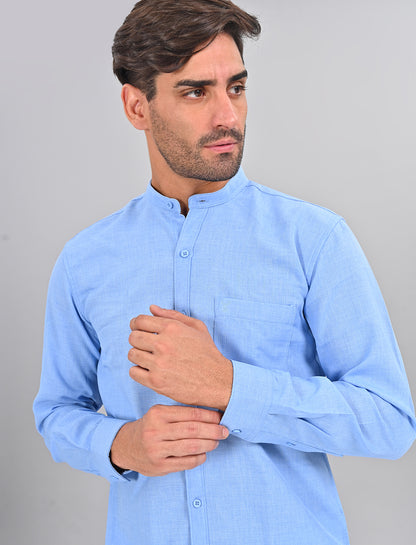 Stylofy Men Slim Fit Cotton Linen Long Sleeve Shirt Light Blue (TOM)