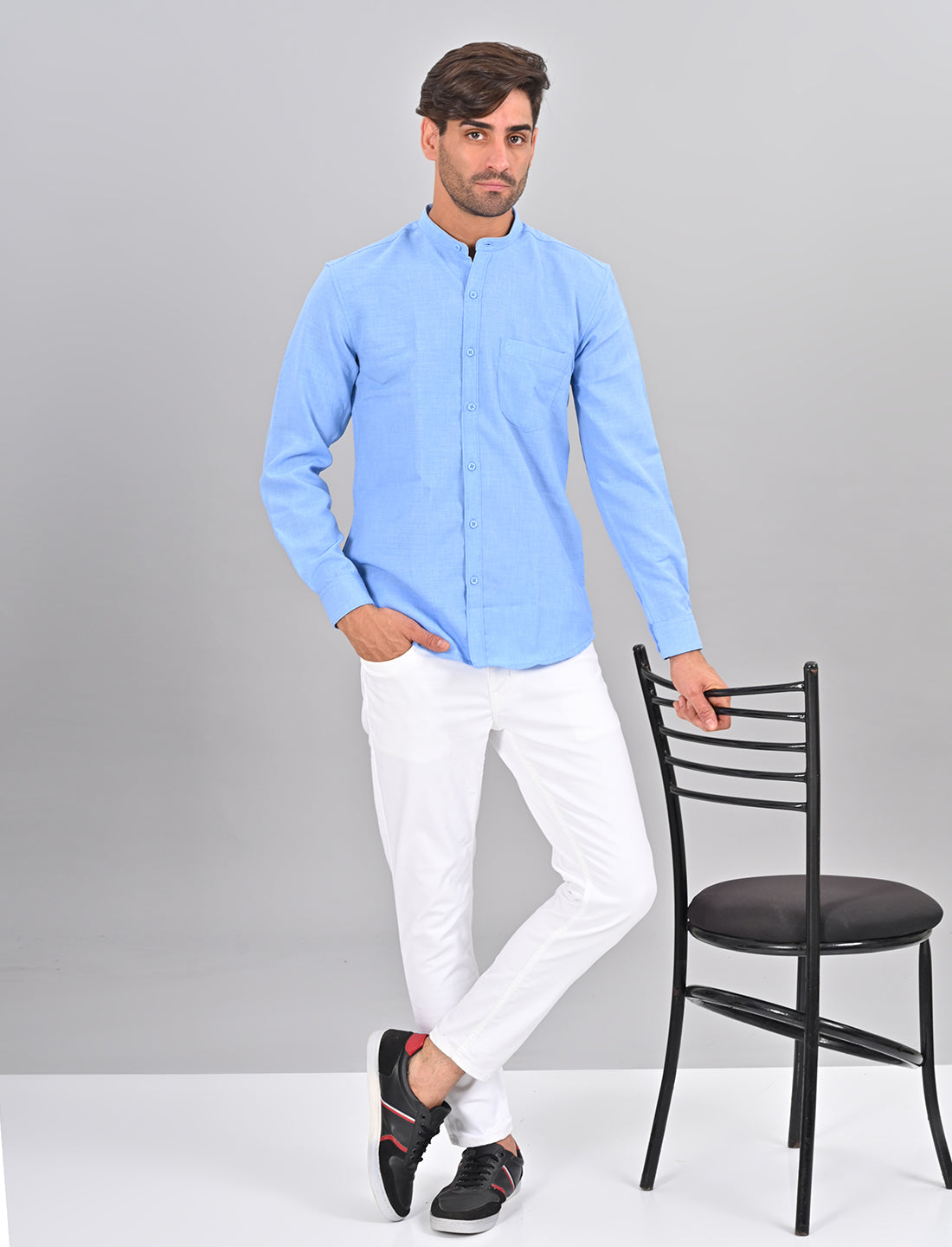 Stylofy Men Slim Fit Cotton Linen Long Sleeve Shirt Light Blue (TOM)