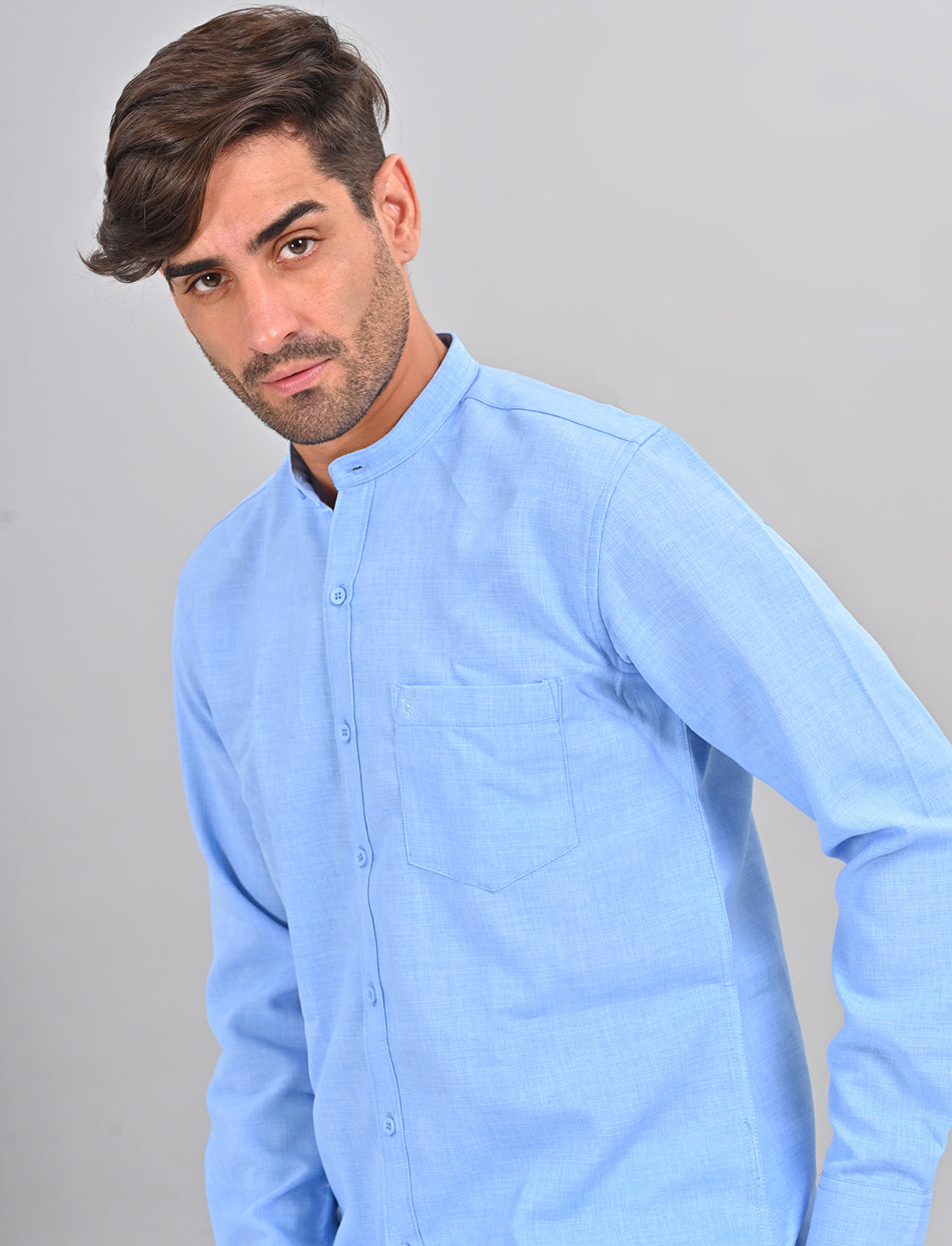 Stylofy Men Slim Fit Cotton Linen Long Sleeve Shirt Light Blue (TOM)