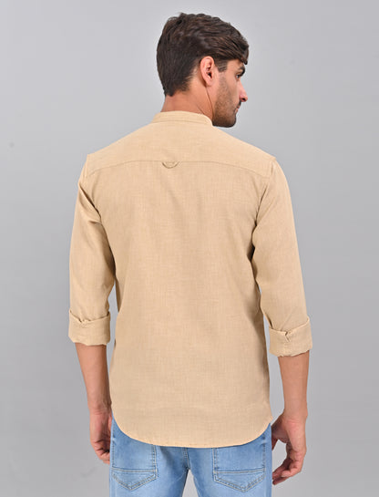 Stylofy Men Slim Fit Cotton Linen Long Sleeve Shirt Beige (TOM)