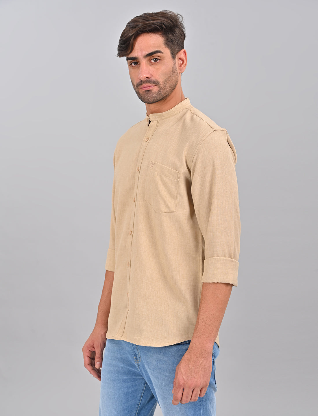 Stylofy Men Slim Fit Cotton Linen Long Sleeve Shirt Beige (TOM)