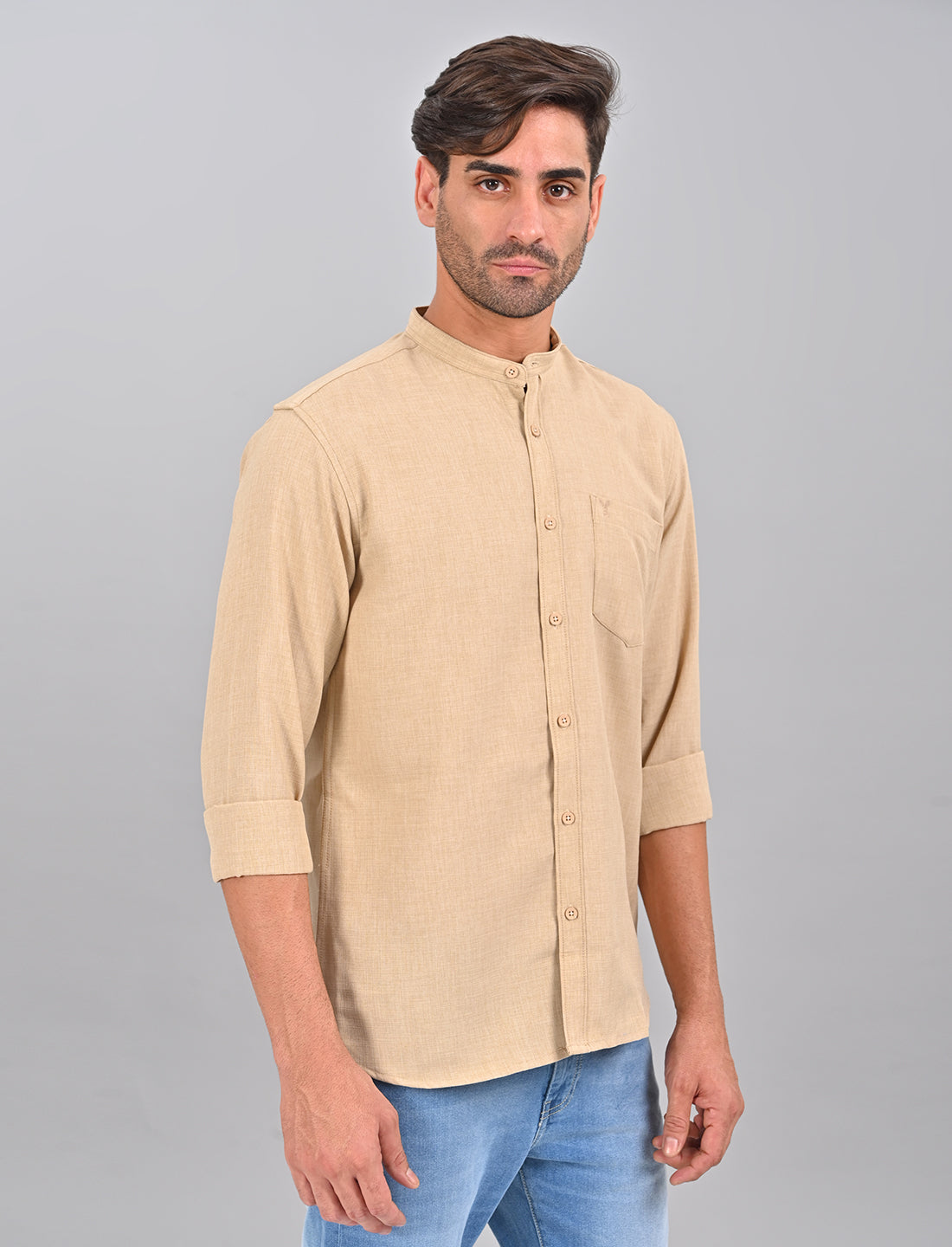 Stylofy Men Slim Fit Cotton Linen Long Sleeve Shirt Beige (TOM)