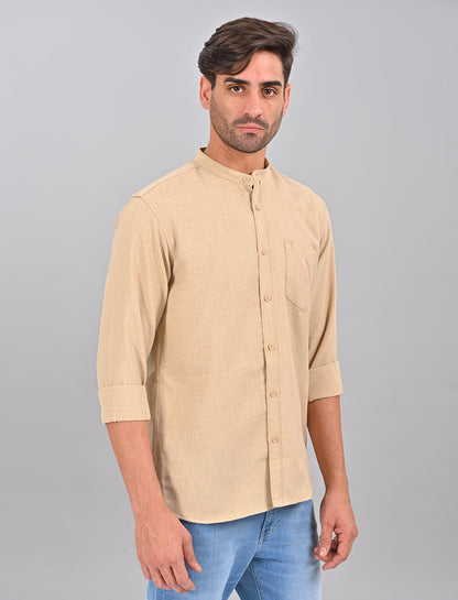 Stylofy Men Slim Fit Cotton Linen Long Sleeve Shirt Beige (TOM)