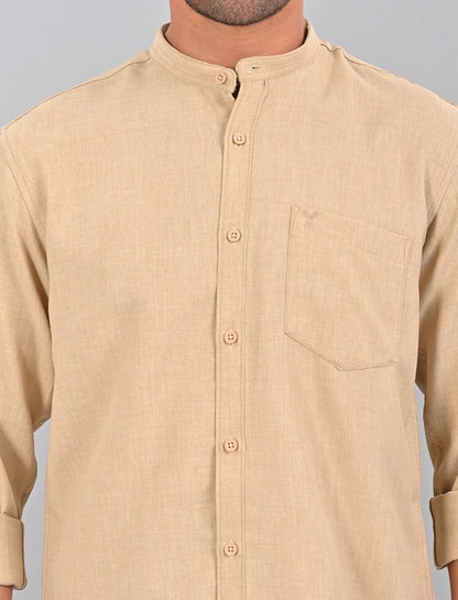 Stylofy Men Slim Fit Cotton Linen Long Sleeve Shirt Beige (TOM)