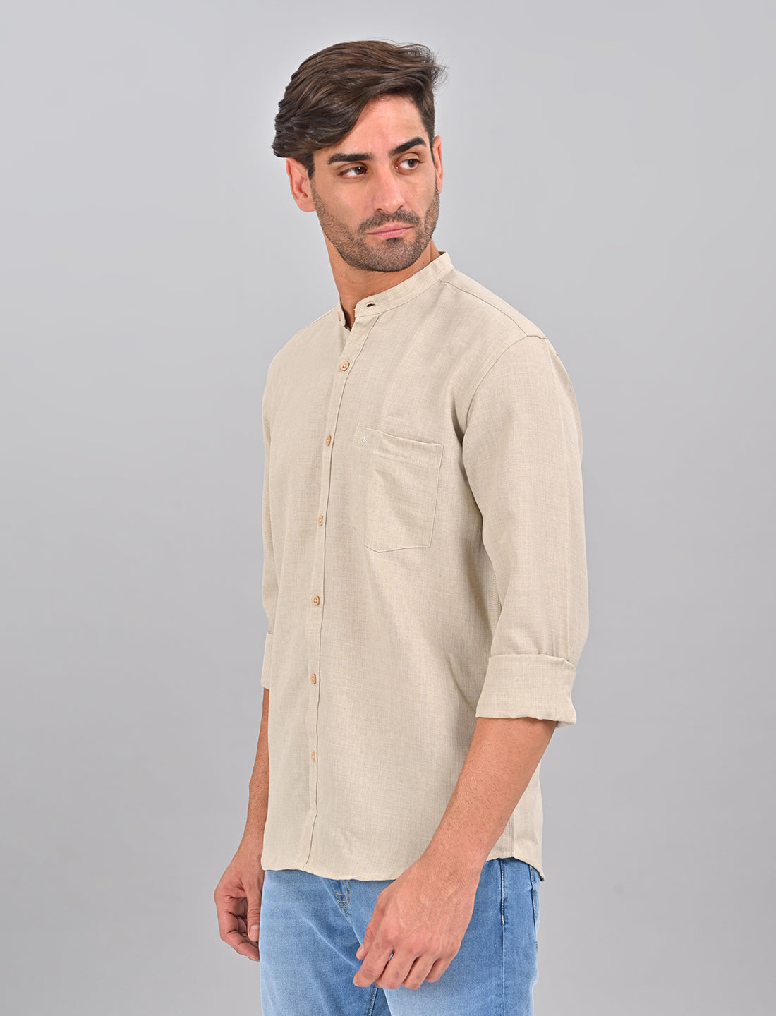 Stylofy Men Slim Fit Cotton Linen Long Sleeve Shirt Cream (TOM)