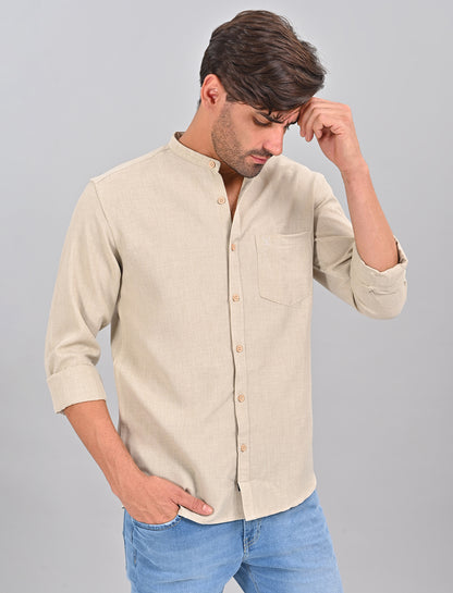 Stylofy Men Slim Fit Cotton Linen Long Sleeve Shirt Cream (TOM)