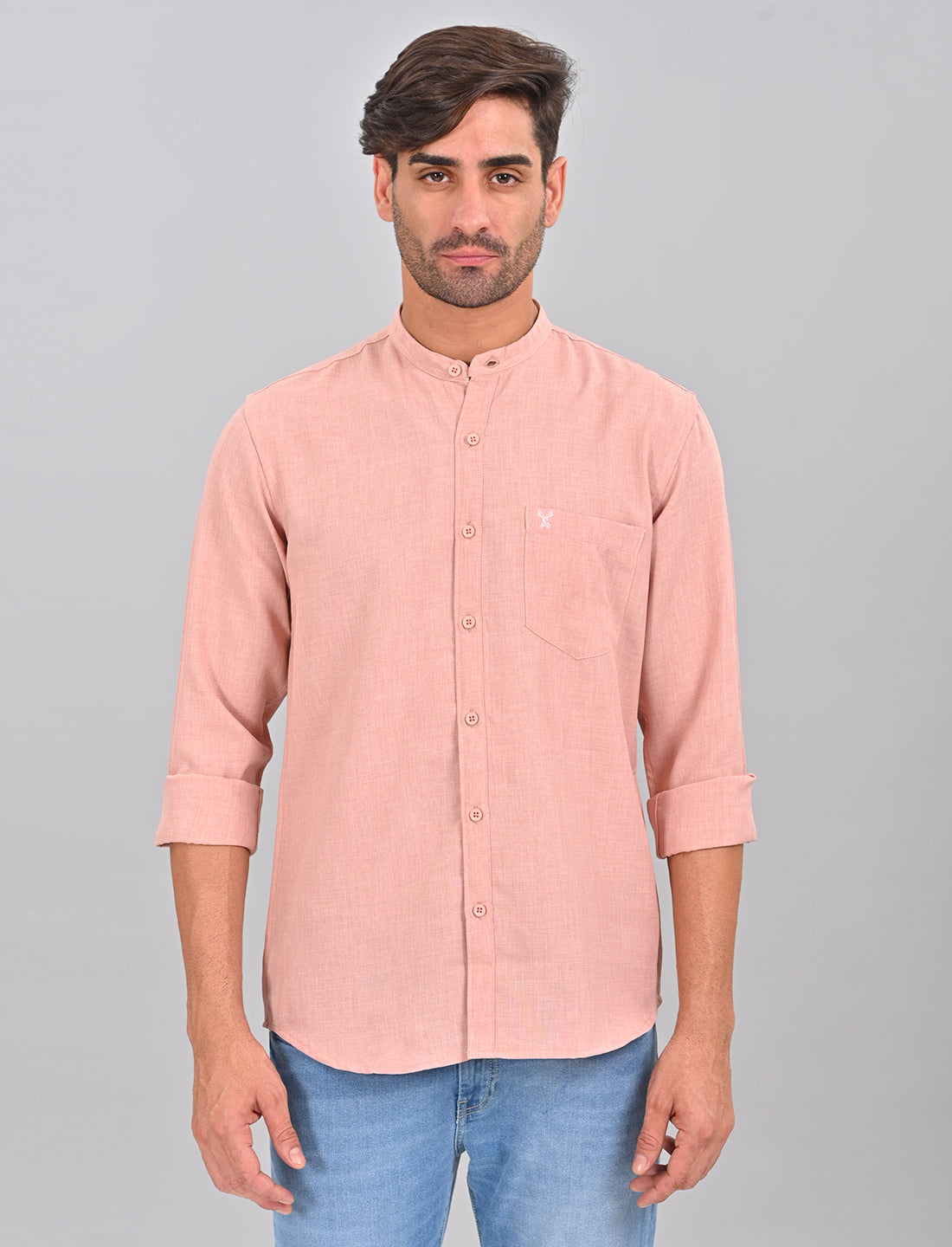 Stylofy Men Slim Fit Cotton Linen Long Sleeve Shirt Pink (TOM)