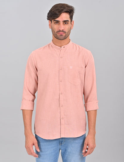 Stylofy Men Slim Fit Cotton Linen Long Sleeve Shirt Pink (TOM)