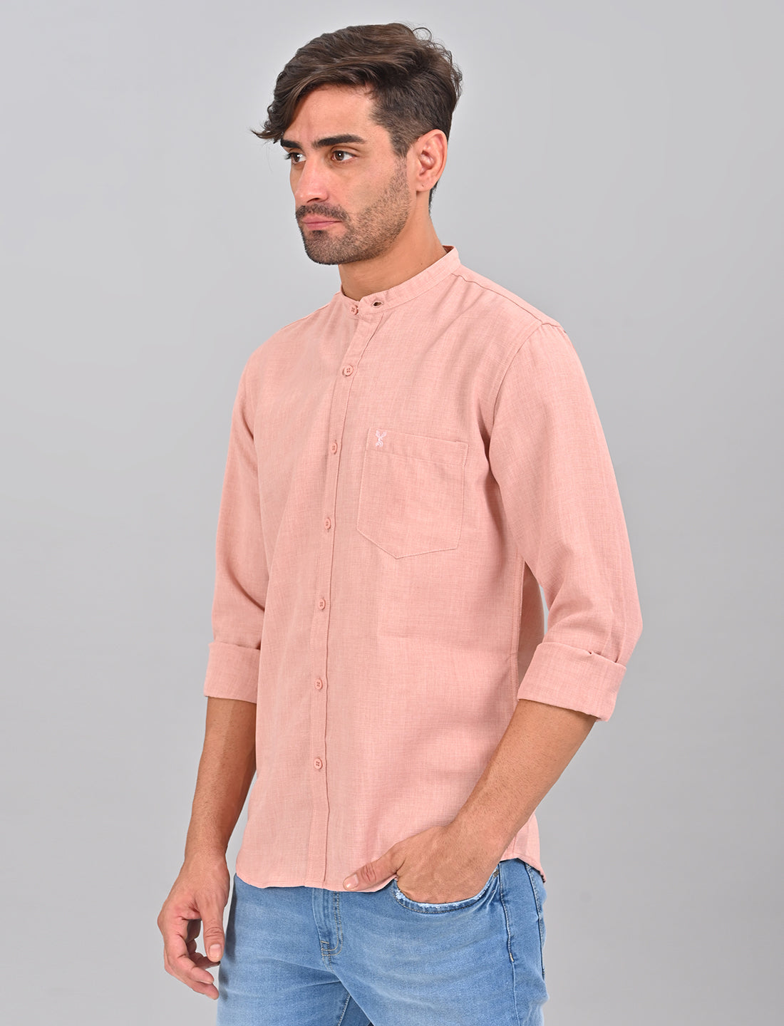 Stylofy Men Slim Fit Cotton Linen Long Sleeve Shirt Pink (TOM)