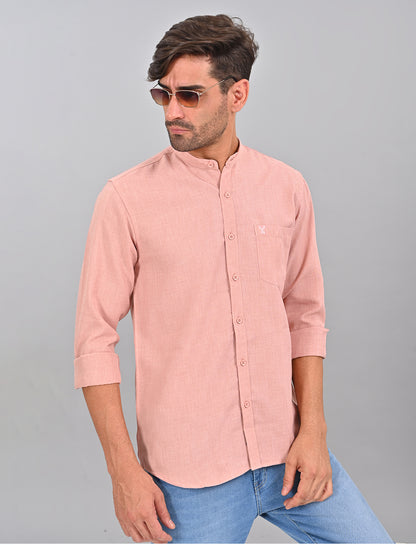 Stylofy Men Slim Fit Cotton Linen Long Sleeve Shirt Pink (TOM)