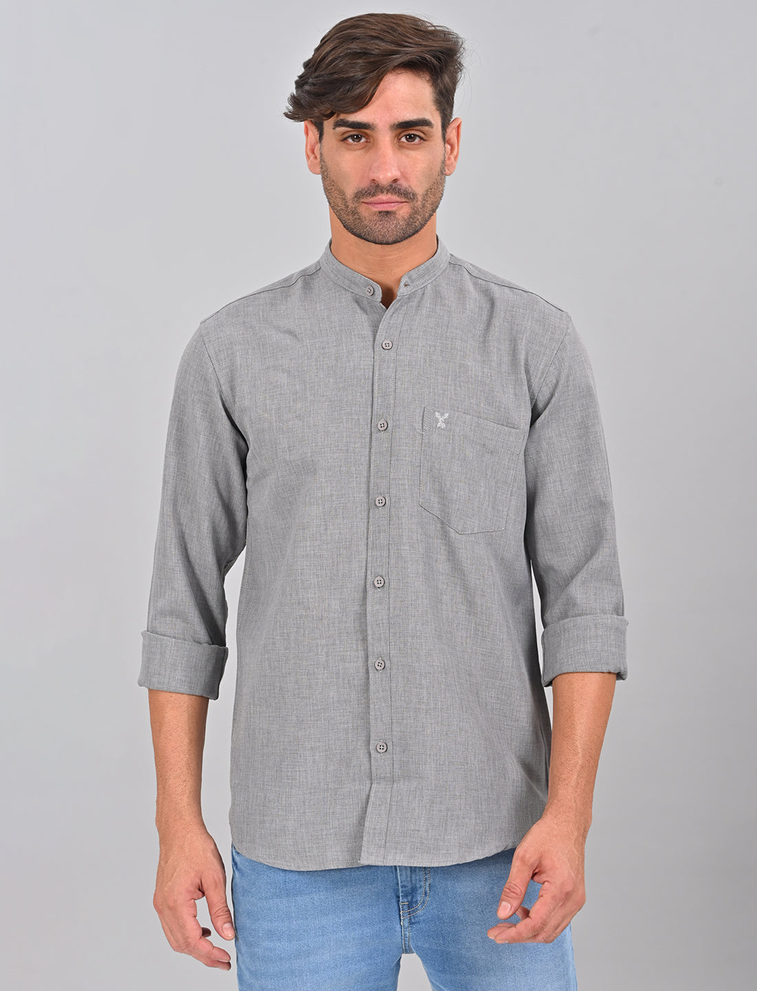 Stylofy Men Slim Fit Cotton Linen Long Sleeve Shirt Gray (TOM)