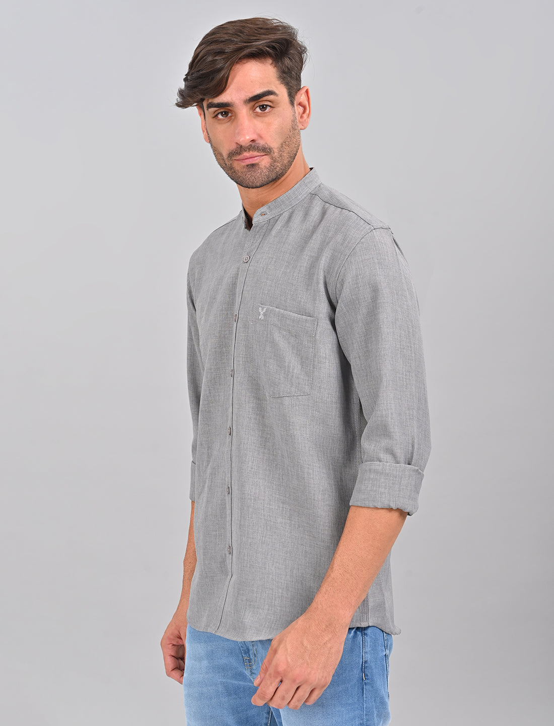 Stylofy Men Slim Fit Cotton Linen Long Sleeve Shirt Gray (TOM)