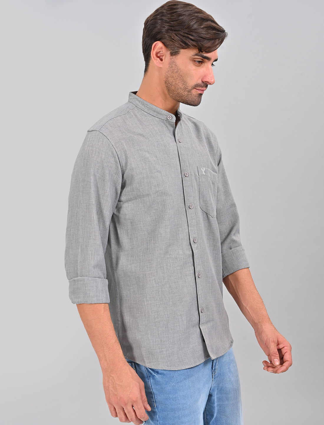 Stylofy Men Slim Fit Cotton Linen Long Sleeve Shirt Gray (TOM)