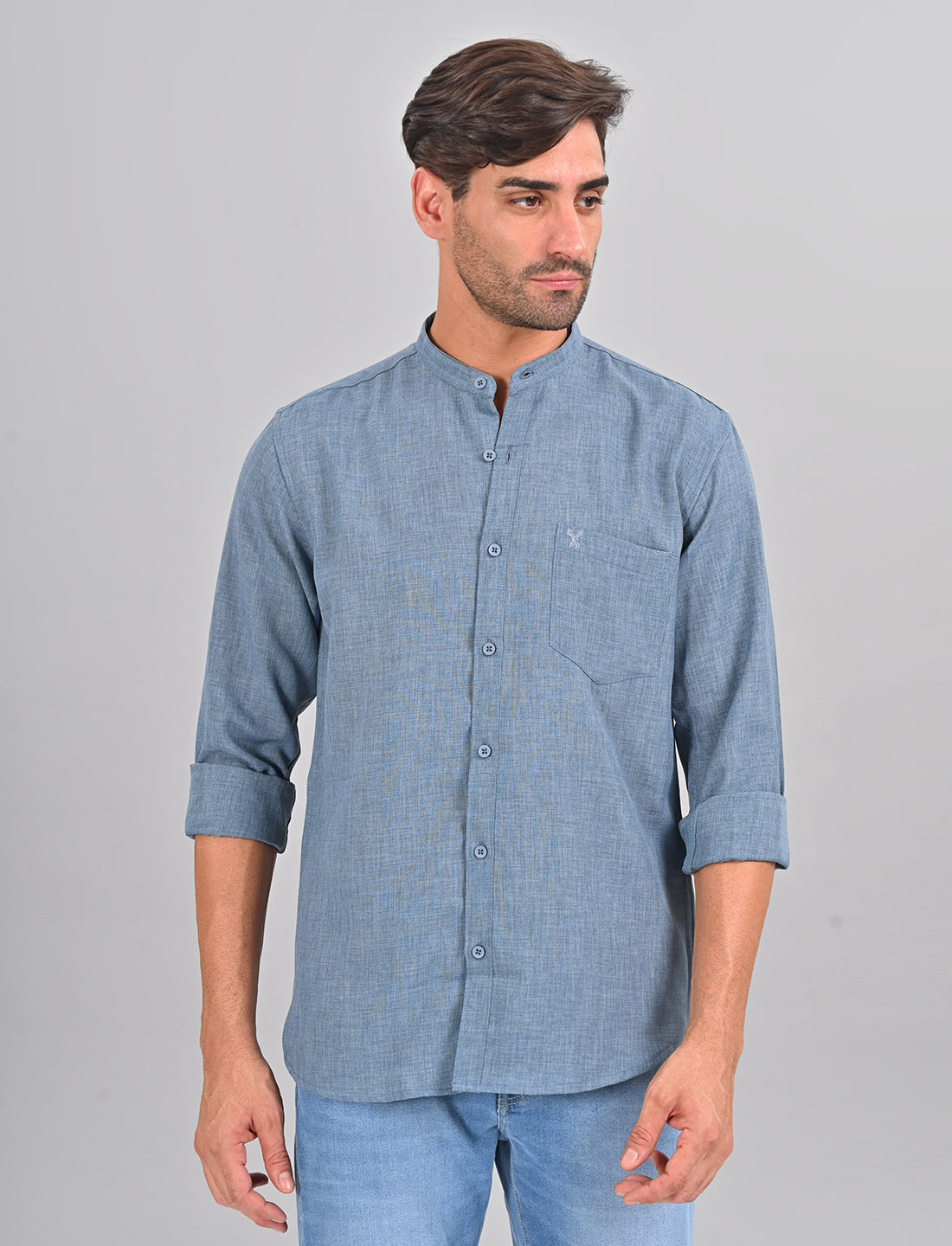 Stylofy Men Slim Fit Cotton Linen Long Sleeve Shirt Blue (TOM)