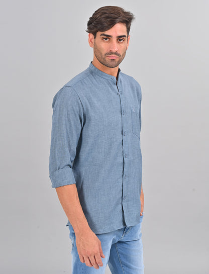 Stylofy Men Slim Fit Cotton Linen Long Sleeve Shirt Blue (TOM)