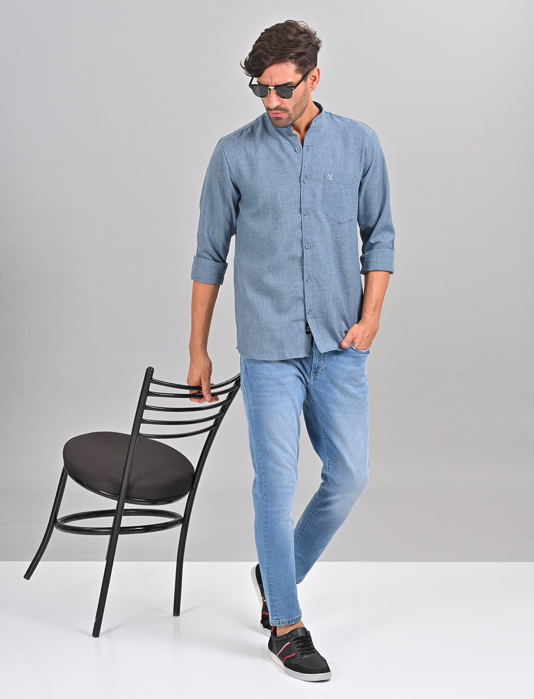 Stylofy Men Slim Fit Cotton Linen Long Sleeve Shirt Blue (TOM)