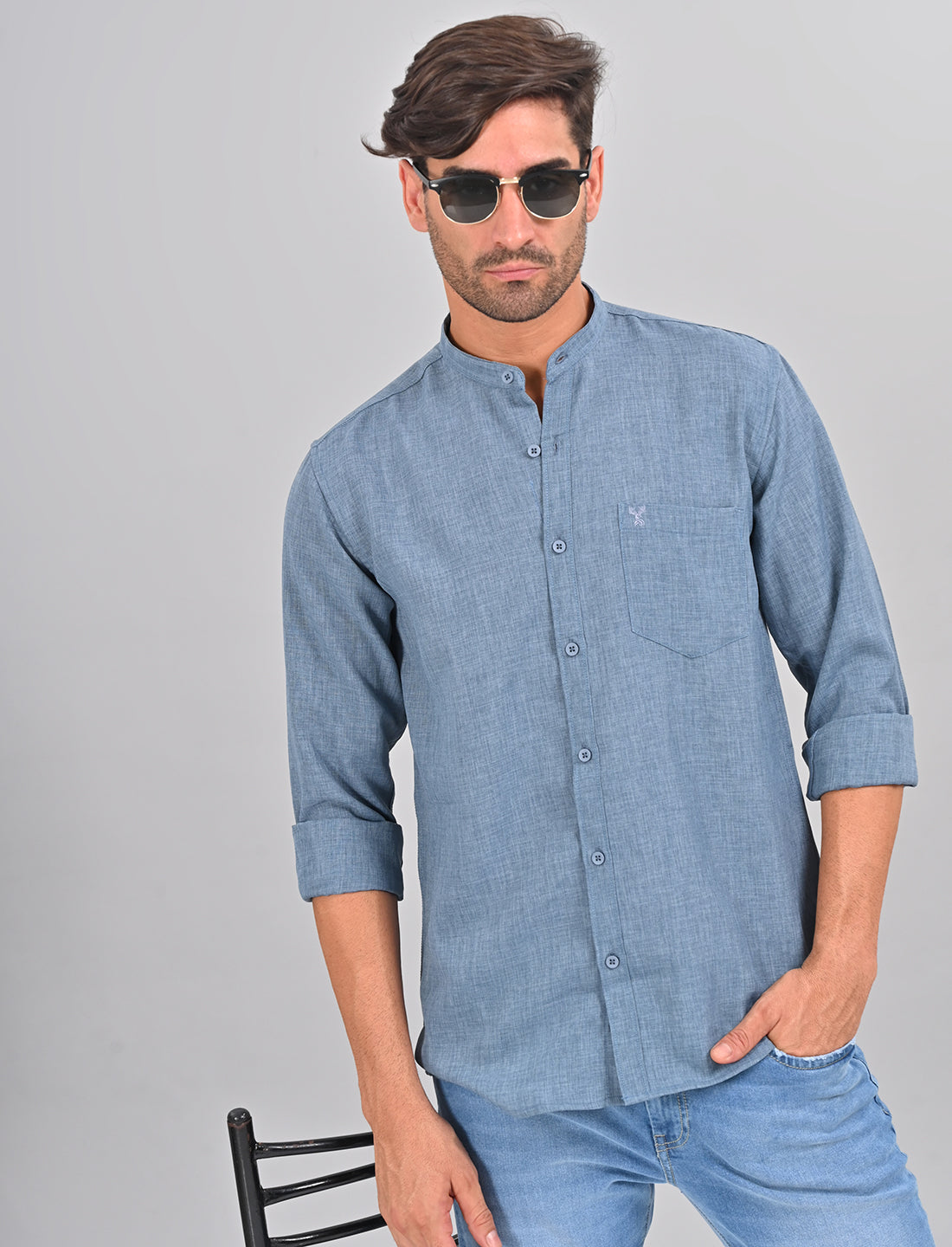 Stylofy Men Slim Fit Cotton Linen Long Sleeve Shirt Blue (TOM)