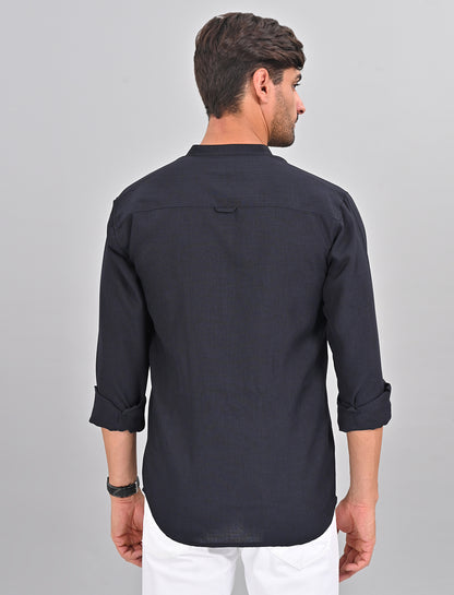 Stylofy Men Slim Fit Cotton Linen Long Sleeve Shirt Navy Blue (TOM)