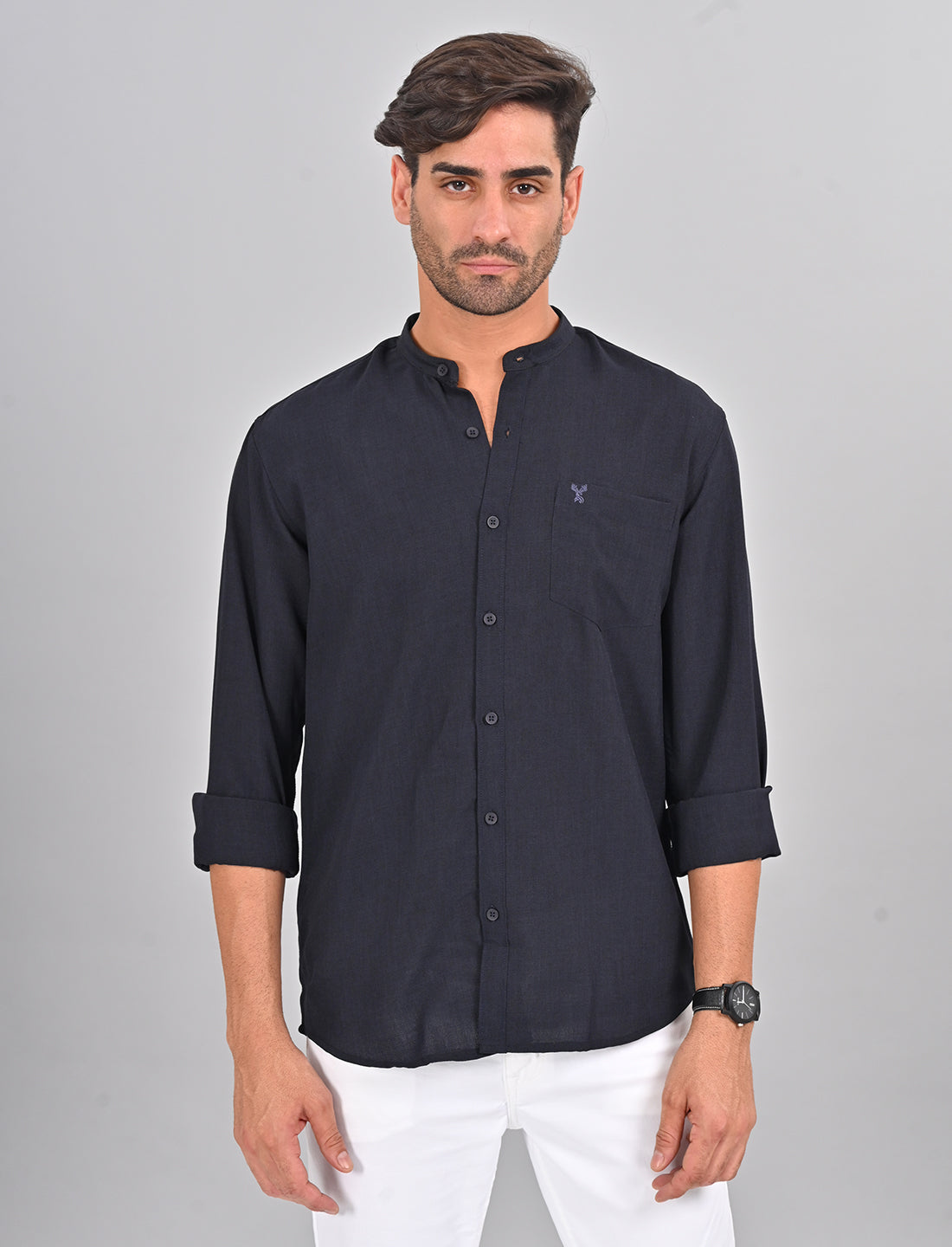 Stylofy Men Slim Fit Cotton Linen Long Sleeve Shirt Navy Blue (TOM)