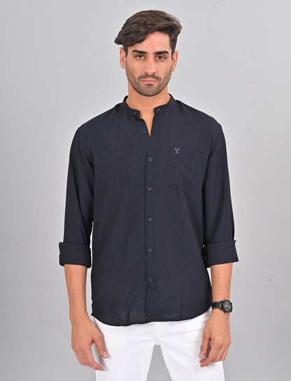 Stylofy Men Slim Fit Cotton Linen Long Sleeve Shirt Navy Blue (TOM)