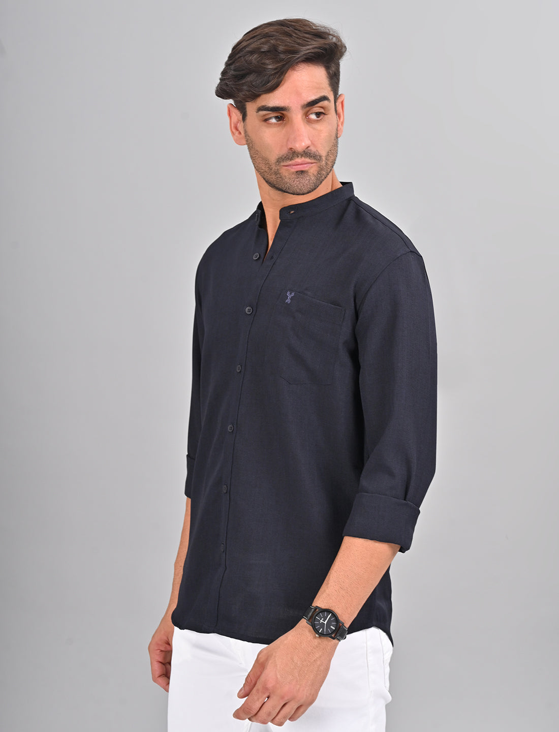 Stylofy Men Slim Fit Cotton Linen Long Sleeve Shirt Navy Blue (TOM)