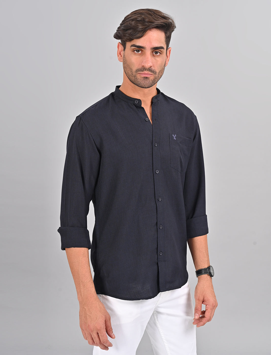 Stylofy Men Slim Fit Cotton Linen Long Sleeve Shirt Navy Blue (TOM)