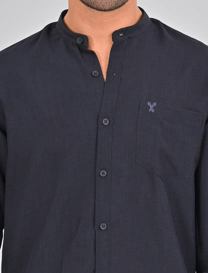 Stylofy Men Slim Fit Cotton Linen Long Sleeve Shirt Navy Blue (TOM)